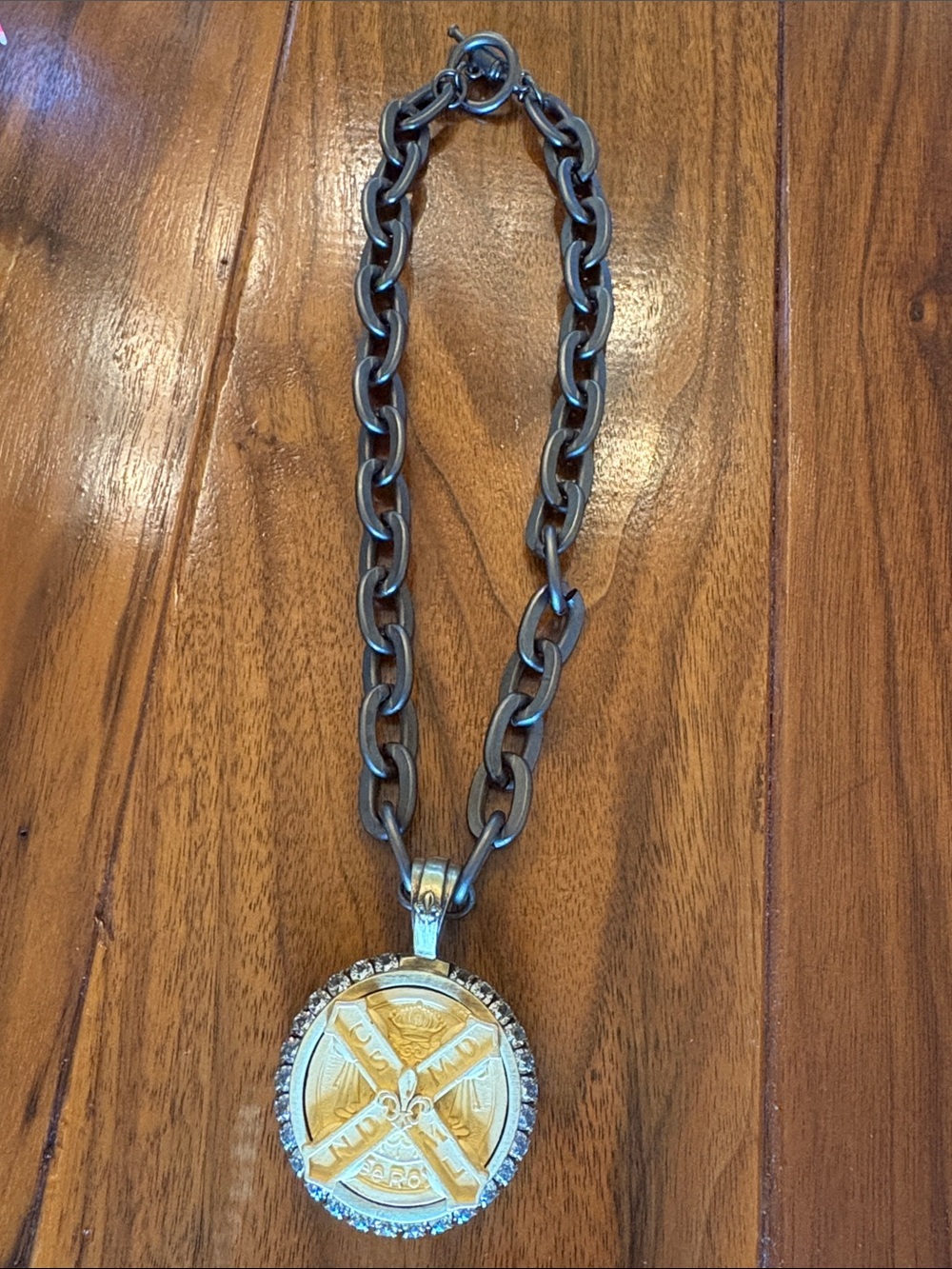 Gold-Tone NEW FRENCH KANDE  Medallion Pendant Necklace with Black Link Chain